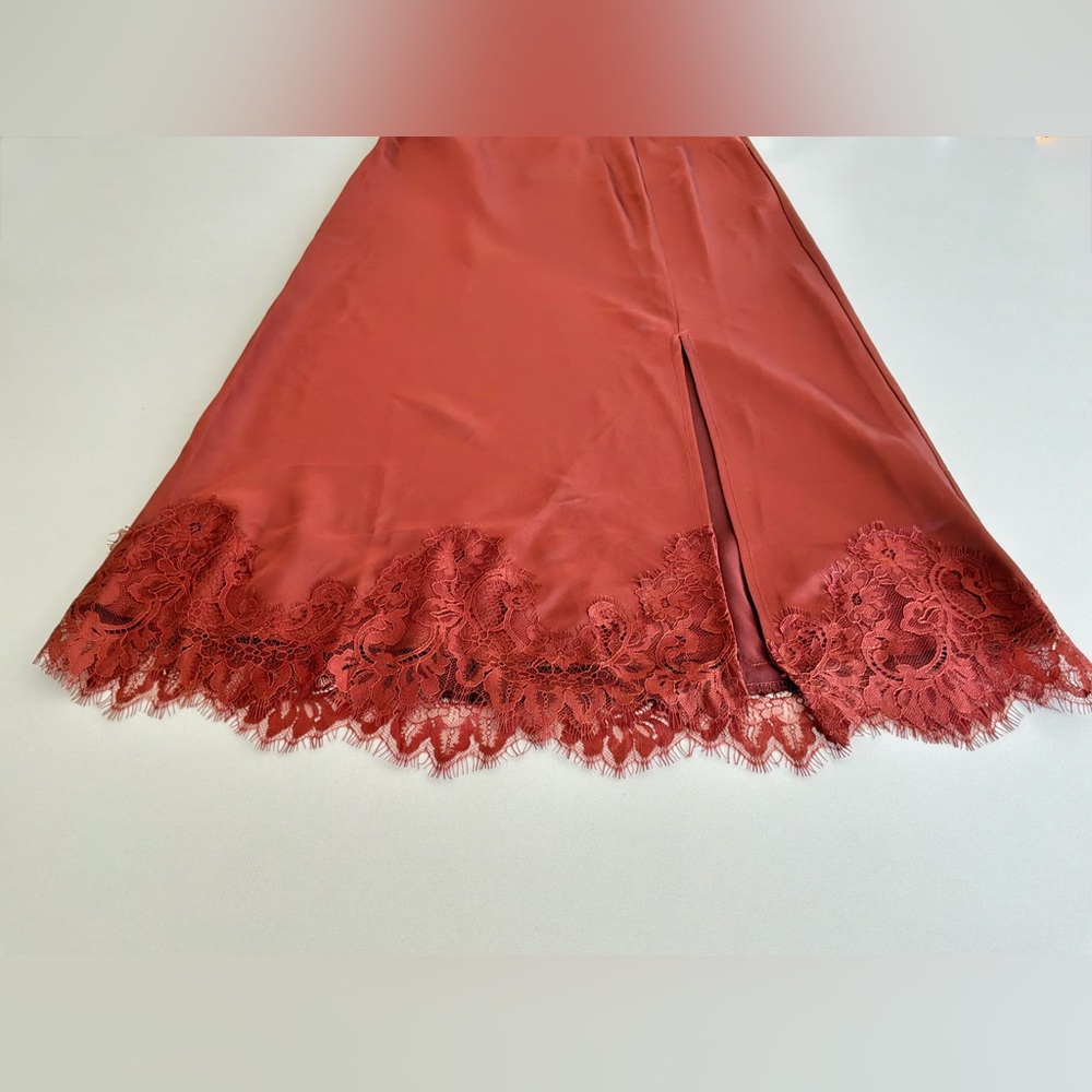 Skies Are Blue Satin Midi Skirt Lace Hem Rust Red Size S Slip Silky - Picture 3 of 7